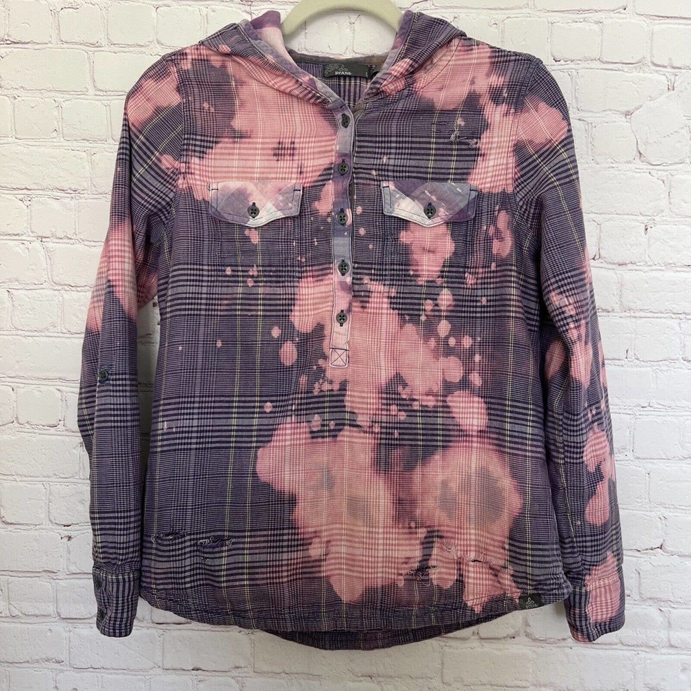 Prana Upcycled Bleached Purple Plaid Distressed Hoodie Flannel Shirt - Small